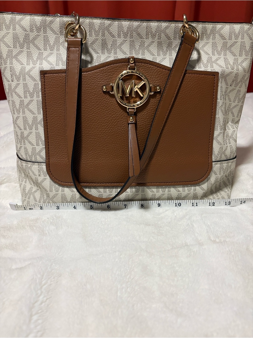 Michael Kors Beige Monogram Tote with Brown Leather Trim and Gold MK Medallion